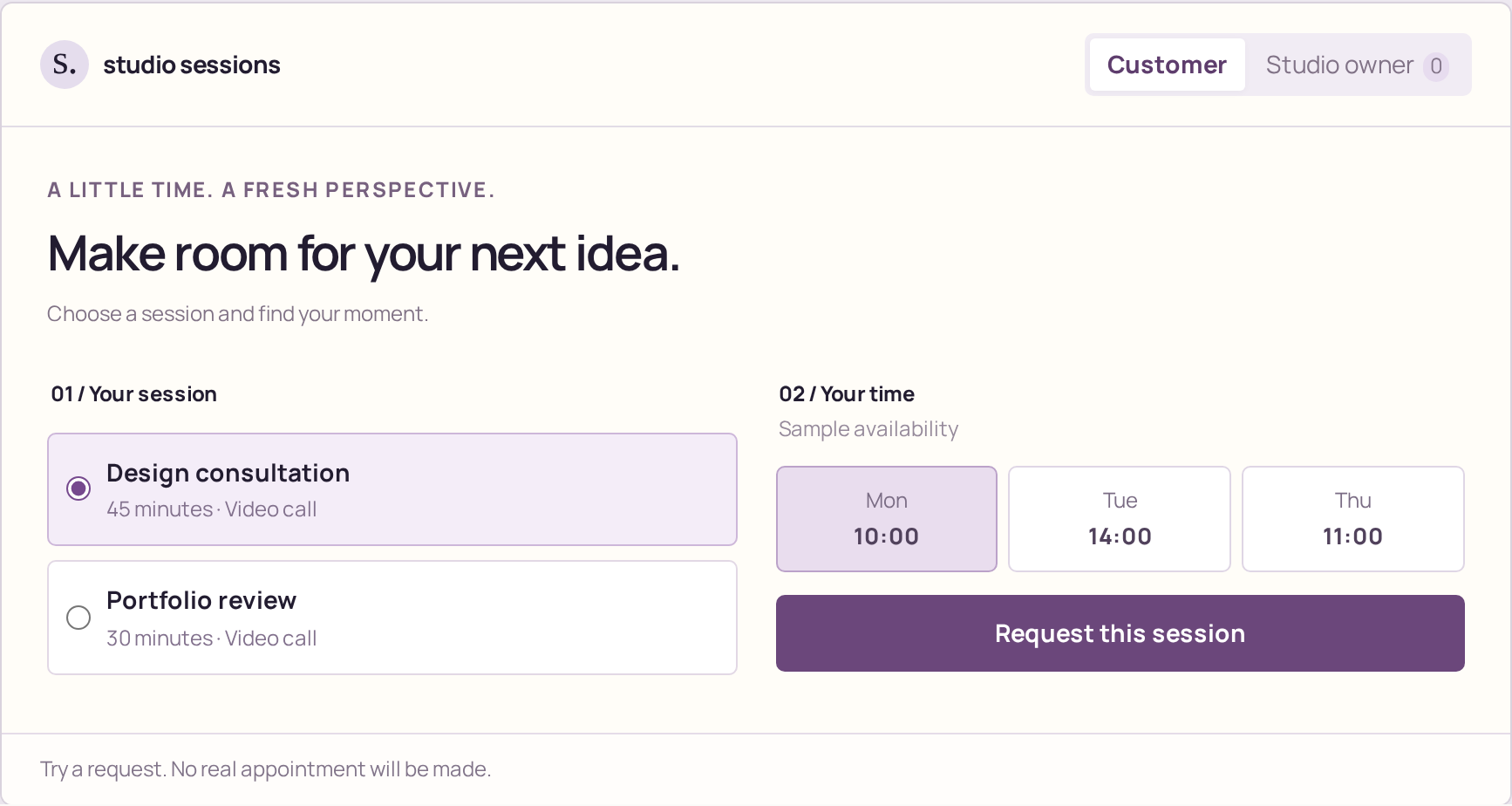 Studio booking example with session selection and appointment times.