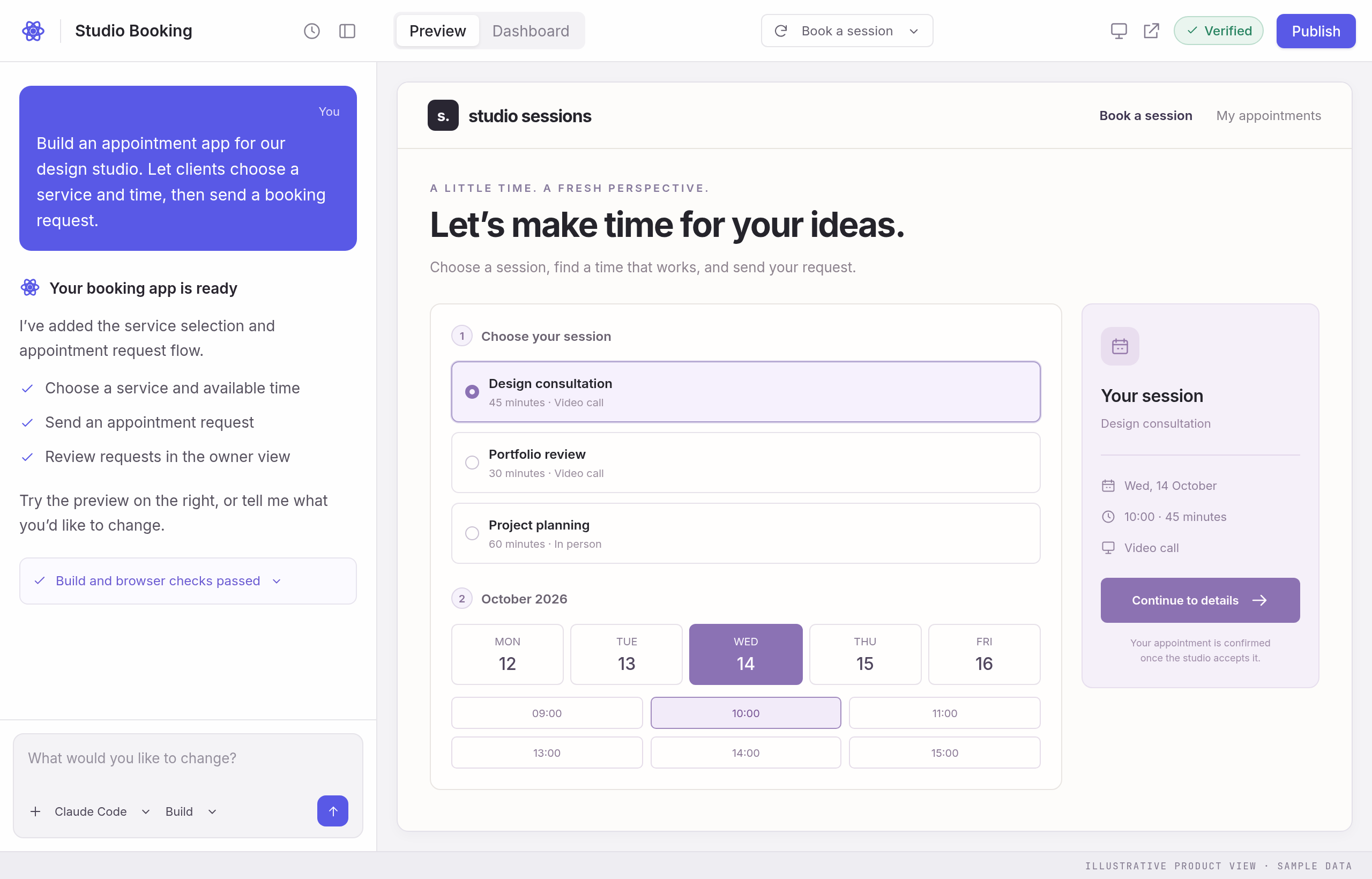 Illustrative Atomic builder with a conversation and studio booking app preview.