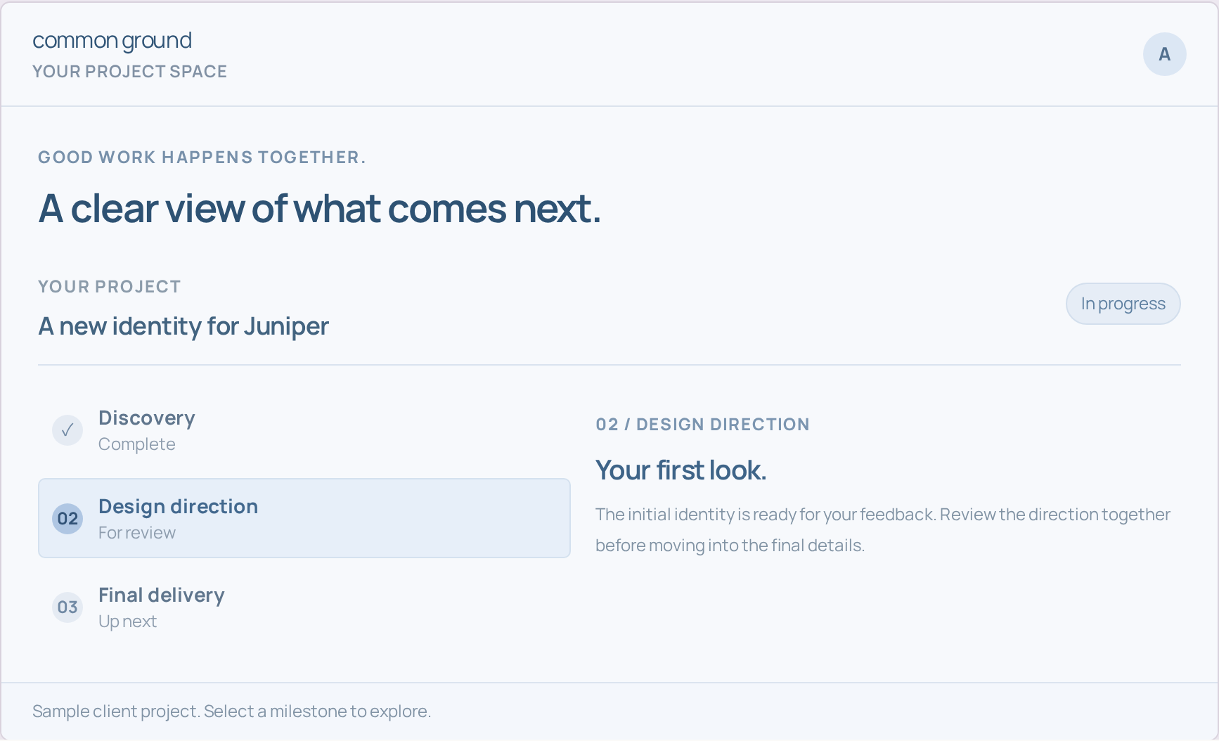 Client portal example with project milestones and updates.